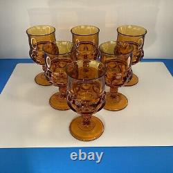 Six vintage Amber kings crown wine water Indiana glass goblets READ
