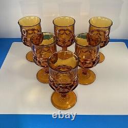 Six vintage Amber kings crown wine water Indiana glass goblets READ