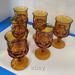 Six vintage Amber kings crown wine water Indiana glass goblets READ