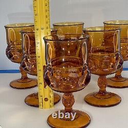 Six vintage Amber kings crown wine water Indiana glass goblets READ