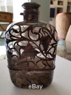 Sterling Silver Overlay and Glass Vintage Wine Flask 7 1/2x4x2 1900's
