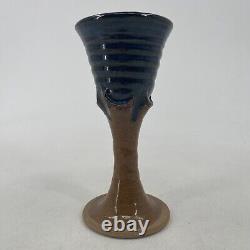 Studio Pottery Chalice Blue Brown Glaze Hand Crafted Wine Glasses Rare Vintage