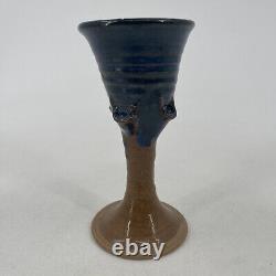 Studio Pottery Chalice Blue Brown Glaze Hand Crafted Wine Glasses Vintage Rare