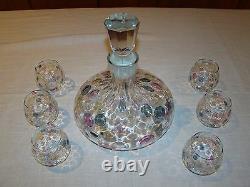 Stunning Unique VTG Decanter & 6 Glass Set Color Bubble Glass Brandy Wine Liquor