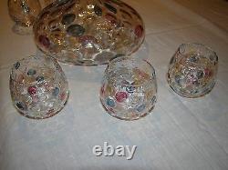 Stunning Unique VTG Decanter & 6 Glass Set Color Bubble Glass Brandy Wine Liquor