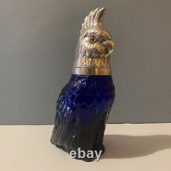 Stunning Vintage Cockatoo Glass Decanter- Silver Plate & Blue Parrot Bird Wine