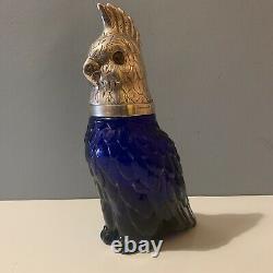 Stunning Vintage Cockatoo Glass Decanter- Silver Plate & Blue Parrot Bird Wine