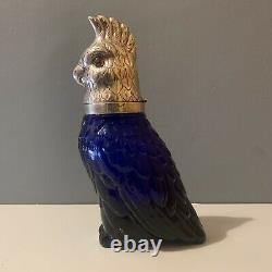 Stunning Vintage Cockatoo Glass Decanter- Silver Plate & Blue Parrot Bird Wine
