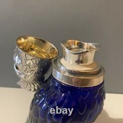 Stunning Vintage Cockatoo Glass Decanter- Silver Plate & Blue Parrot Bird Wine