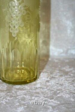 TS Vintage Cut and Etched Grape Pattern Vaseline or Uranium Glass Wine Bottle