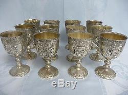 TWELVE VINTAGE CORBELL & CO. SILVER PLATE WINE GLASSES WithORNATE CREST & GRAPES