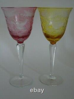 TWO VINTAGE WINE GLASSES CRYSTAL BOHEMIAN COLORED Height 7,68 hunting theme