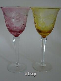 TWO VINTAGE WINE GLASSES CRYSTAL BOHEMIAN COLORED Height 7,68 hunting theme