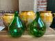 TWO Vintage European Green Glass Demijohn Carboy Wine Jug Italian Villani PAIR