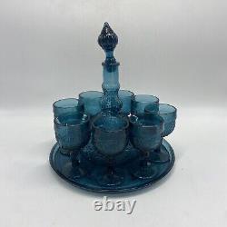 Tiara Indiana Glass Wine Dcanter Set Bicentennial Blue Sandwich Glass Vintage