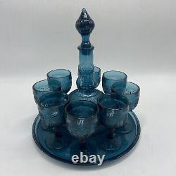 Tiara Indiana Glass Wine Dcanter Set Bicentennial Blue Sandwich Glass Vintage