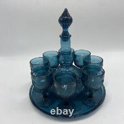 Tiara Indiana Glass Wine Dcanter Set Bicentennial Blue Sandwich Glass Vintage