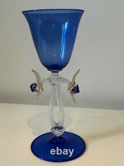 Two Vintage Murano Wine Goblets one blue and one green both with Lyre stems