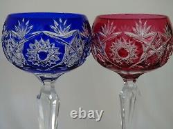Two Vintage Roemer Wine Glasses Crystal Cut Blue And Red Colors Bohemia