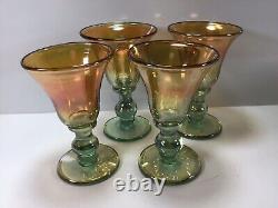 V43 Vintage Signed Iridescent Wine Glasses Set of 4 Green Golden Wine Glasses