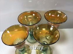 V43 Vintage Signed Iridescent Wine Glasses Set of 4 Green Golden Wine Glasses