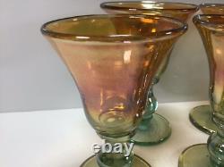 V43 Vintage Signed Iridescent Wine Glasses Set of 4 Green Golden Wine Glasses