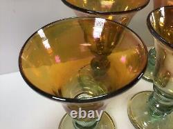 V43 Vintage Signed Iridescent Wine Glasses Set of 4 Green Golden Wine Glasses