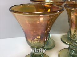 V43 Vintage Signed Iridescent Wine Glasses Set of 4 Green Golden Wine Glasses