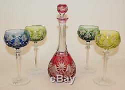 VAL ST LAMBERT CRANBERRY CUT TO CLEAR DECANTER With4 WINE HOCK GOBLETS