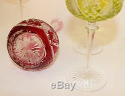 VAL ST LAMBERT CRANBERRY CUT TO CLEAR DECANTER With4 WINE HOCK GOBLETS
