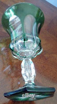 VAL ST LAMBERT Vintage Rare Green Cut to Clear Crystal Wine Goblet, Excellent