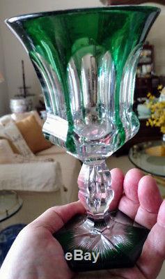 VAL ST LAMBERT Vintage Rare Green Cut to Clear Crystal Wine Goblet, Excellent