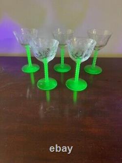 VERY RARE! Vintage Uranium Glass Goblet Set of 5 Depression Era Wine Glasses