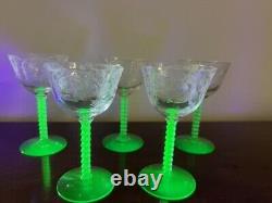 VERY RARE! Vintage Uranium Glass Goblet Set of 5 Depression Era Wine Glasses