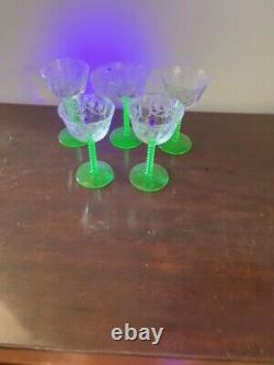 VERY RARE! Vintage Uranium Glass Goblet Set of 5 Depression Era Wine Glasses