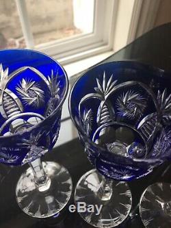 VINTAGE AJKA COBALT BLUE CUT TO CLEAR Wine GOBLET SET OF 6