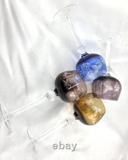 VINTAGE BOHEMIAN CUT-TO-CLEAR MULTICOLOR Crystal WINE GLASSES 8.25 SET OF 4