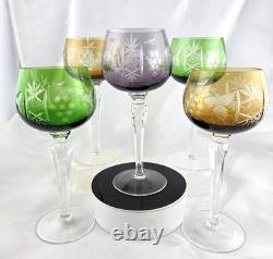 VINTAGE BOHEMIAN CUT-TO-CLEAR MULTICOLOR Crystal WINE GLASSES 8 SET OF 5