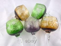 VINTAGE BOHEMIAN CUT-TO-CLEAR MULTICOLOR Crystal WINE GLASSES 8 SET OF 5