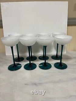 VINTAGE CARLO MORETTI WHITE & EMERALD GREEN LONG STEM GLASSES Set Of 8