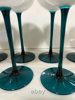 VINTAGE CARLO MORETTI WHITE & EMERALD GREEN LONG STEM GLASSES Set Of 8