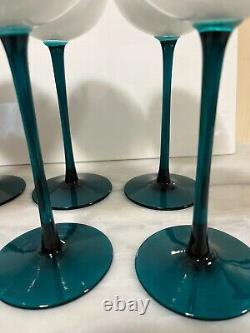 VINTAGE CARLO MORETTI WHITE & EMERALD GREEN LONG STEM GLASSES Set Of 8