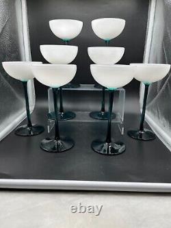 VINTAGE CARLO MORETTI WHITE & EMERALD GREEN LONG STEM GLASSES Set Of 8