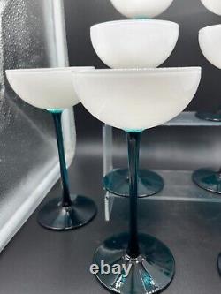 VINTAGE CARLO MORETTI WHITE & EMERALD GREEN LONG STEM GLASSES Set Of 8