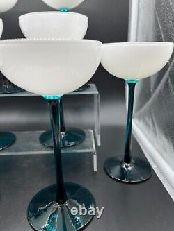 VINTAGE CARLO MORETTI WHITE & EMERALD GREEN LONG STEM GLASSES Set Of 8