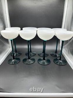 VINTAGE CARLO MORETTI WHITE & EMERALD GREEN LONG STEM GLASSES Set Of 8
