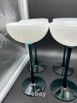 VINTAGE CARLO MORETTI WHITE & EMERALD GREEN LONG STEM GLASSES Set Of 8