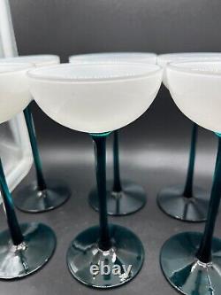 VINTAGE CARLO MORETTI WHITE & EMERALD GREEN LONG STEM GLASSES Set Of 8