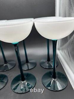 VINTAGE CARLO MORETTI WHITE & EMERALD GREEN LONG STEM GLASSES Set Of 8