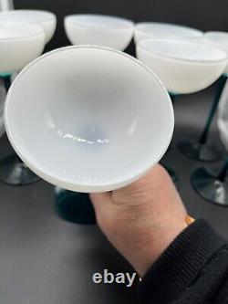 VINTAGE CARLO MORETTI WHITE & EMERALD GREEN LONG STEM GLASSES Set Of 8